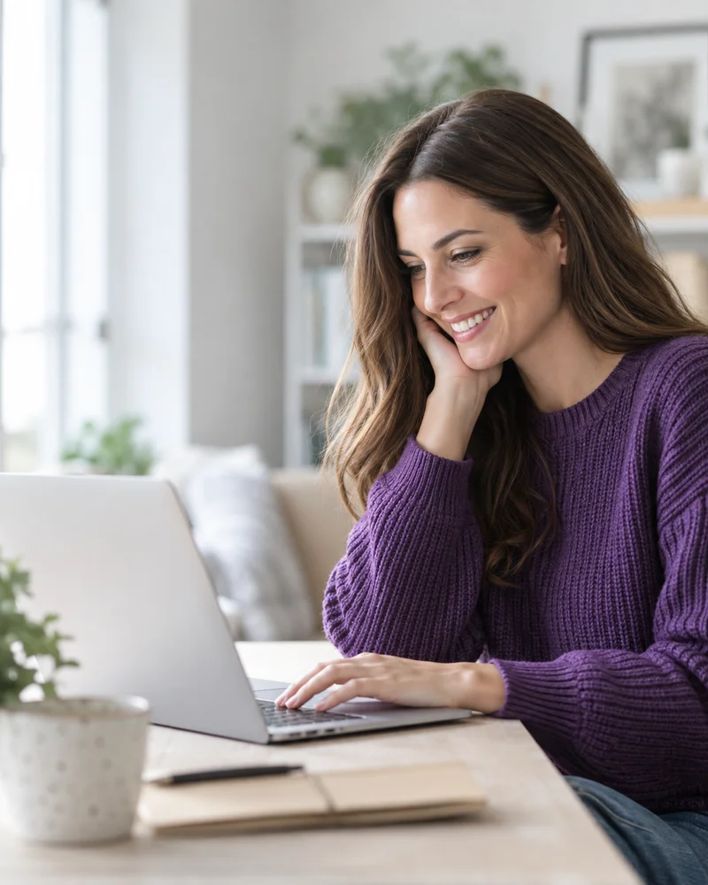 Woman in a purple sweater working on her laptop